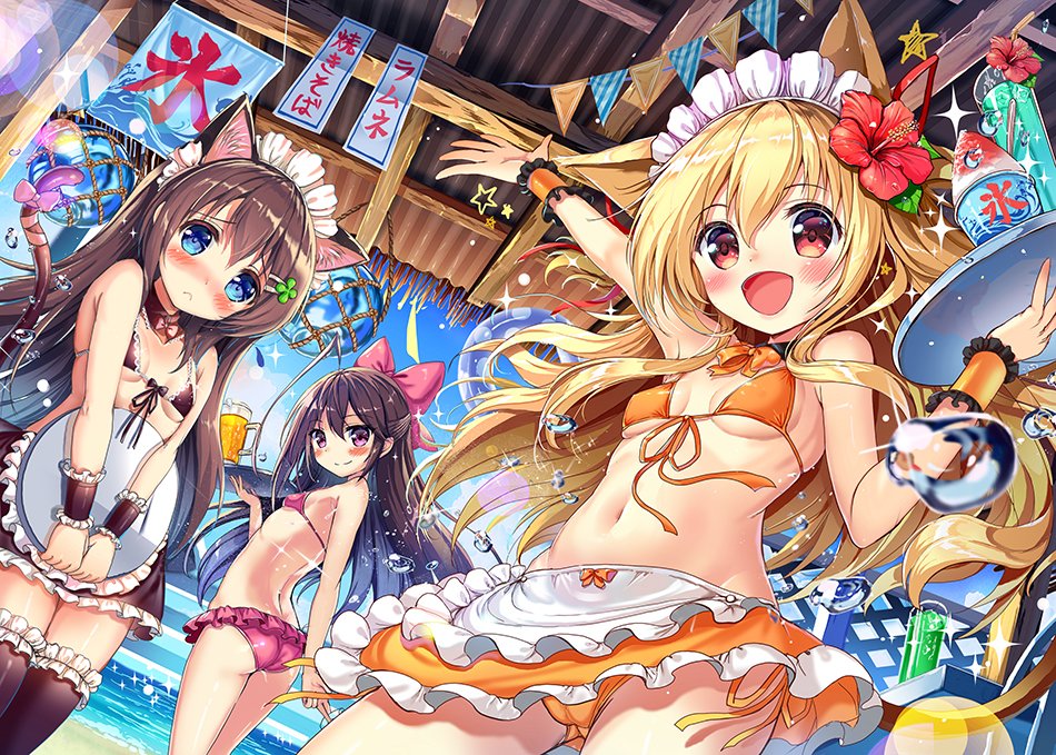 3girls akabane_(zebrasmise) animal_ears apron arm_up ass bangs beach bikini bikini_skirt black_bikini black_hair black_legwear black_skirt blonde_hair blue_eyes blush bow bowtie breasts brown_eyes cat_ears closed_mouth clouds cloudy_sky clover_hair_ornament commentary_request covering day detached_collar dutch_angle eyebrows_visible_through_hair flower frilled_bikini frilled_skirt frills from_behind front-tie_bikini front-tie_top frown garters glass hair_bow hair_flower hair_ornament hairclip holding indoors lens_flare long_hair looking_at_viewer maid_headdress multiple_girls navel open_mouth orange_bikini orange_neckwear orange_skirt original pink_bikini pink_bow pink_neckwear red_eyes renoa_(akabane) shaved_ice skirt sky small_breasts smile sparkle standing swimsuit thigh-highs tray waist_apron waitress water_drop wristband yotsuba_(akabane)
