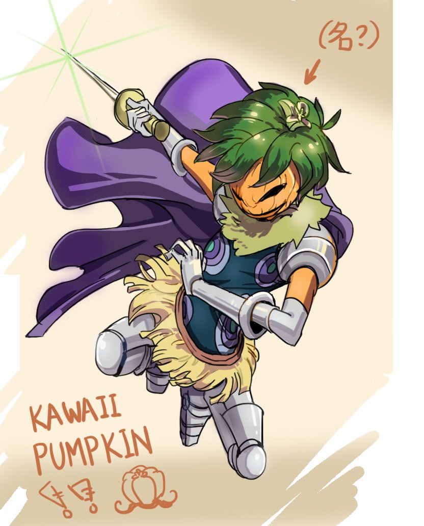 !! 1boy ? armored_boots boots cape character_request gloves green_hair leaf living_(pixiv5031111) male_focus one_piece pumpkin solo sword weapon