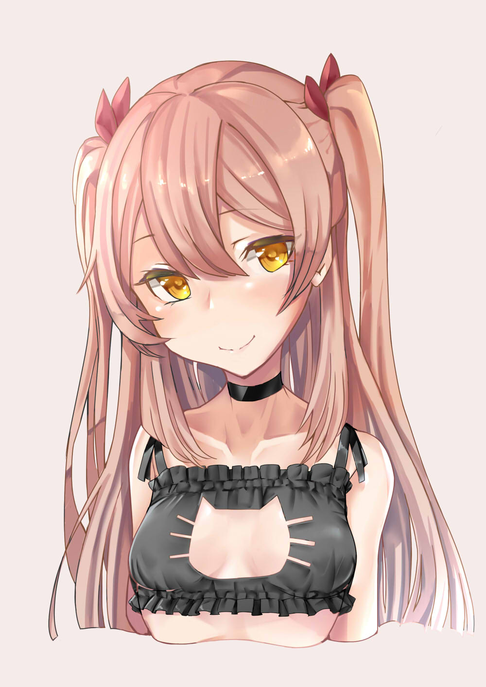 1girl bangs bare_shoulders black_bra black_choker bra breasts brown_background brown_eyes cat_cutout cat_lingerie choker cleavage_cutout closed_mouth collarbone commentary_request dipladenia_(flower_knight_girl) eyebrows_visible_through_hair flower_knight_girl frilled_bra frills hair_between_eyes hair_ribbon head_tilt highres light_brown_hair long_hair looking_at_viewer medium_breasts meme_attire red_ribbon ribbon simple_background smile solo souzando two_side_up underwear very_long_hair