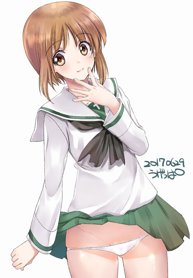 1girl artist_name bangs black_neckwear blouse brown_eyes brown_hair closed_mouth commentary_request cowboy_shot dated dutch_angle eyebrows_visible_through_hair finger_to_mouth girls_und_panzer green_skirt long_sleeves looking_at_viewer lowleg lowleg_panties miniskirt neckerchief nishizumi_miho ooarai_school_uniform panties pleated_skirt school_uniform serafuku short_hair signature simple_background skirt smile solo standing ugeppa underwear white_background white_blouse white_panties wind wind_lift