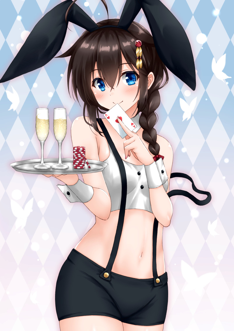 1girl ace_of_hearts ahoge animal_ears argyle argyle_background bangs black_shorts blue_eyes blush braid brown_hair card champagne_flute collar crop_top cup drinking_glass hair_between_eyes hair_flaps hair_ornament hair_over_shoulder hair_ribbon head_tilt holding holding_card holding_tray hoshino_kagari kantai_collection long_hair looking_at_viewer navel off_shoulder rabbit_ears remodel_(kantai_collection) ribbon shigure_(kantai_collection) short_shorts shorts single_braid smile solo standing stomach suspenders thighs tray wrist_cuffs