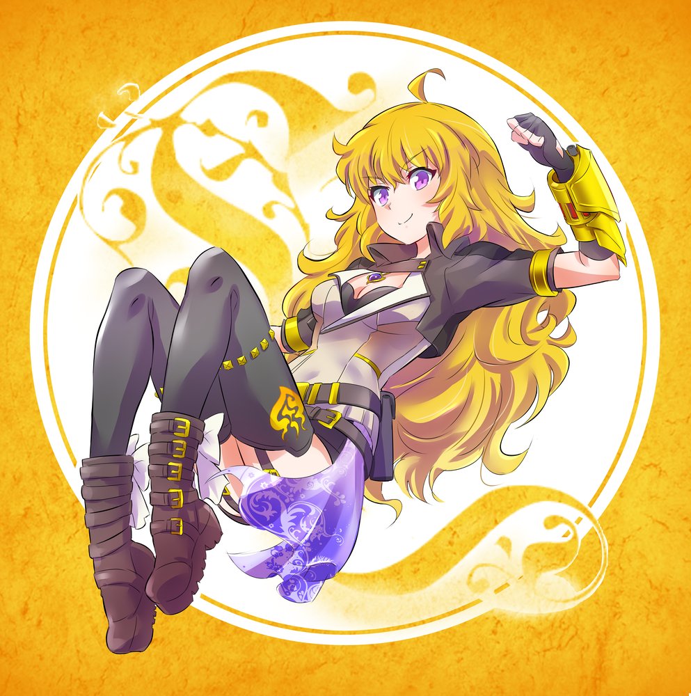 1girl ahoge belt black_gloves blonde_hair breasts brown_footwear cleavage fingerless_gloves garter_straps gauntlets gloves gun iesupa long_hair rwby shorts shotgun solo thigh-highs vambraces violet_eyes waist_cape wavy_hair weapon yang_xiao_long