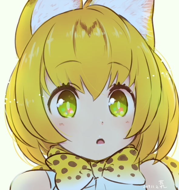 1girl animal_ears bare_shoulders blonde_hair bow bowtie eyebrows_visible_through_hair headshot kemono_friends kuzumochiko serval_(kemono_friends) serval_ears serval_print short_hair solo sparkling_eyes