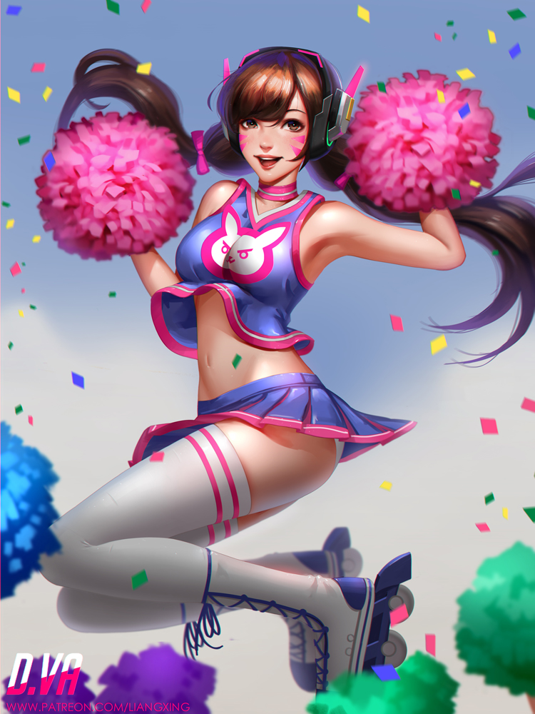 1girl animal_print armpits blue_sky bow breasts brown_eyes brown_hair bunny_print character_name cheerleader clothes_writing commentary confetti crop_top cross-laced_footwear d.va_(overwatch) facepaint facial_mark full_body hair_bow hair_tie headphones inline_skates jumping liang_xing long_hair looking_at_viewer medium_breasts midriff miniskirt navel open_mouth outdoors overwatch panties pink_bow pink_lips pleated_skirt pom_poms roller_skates skates skirt sky sleeveless smile solo thigh-highs twintails underwear watermark web_address whisker_markings white_legwear white_panties