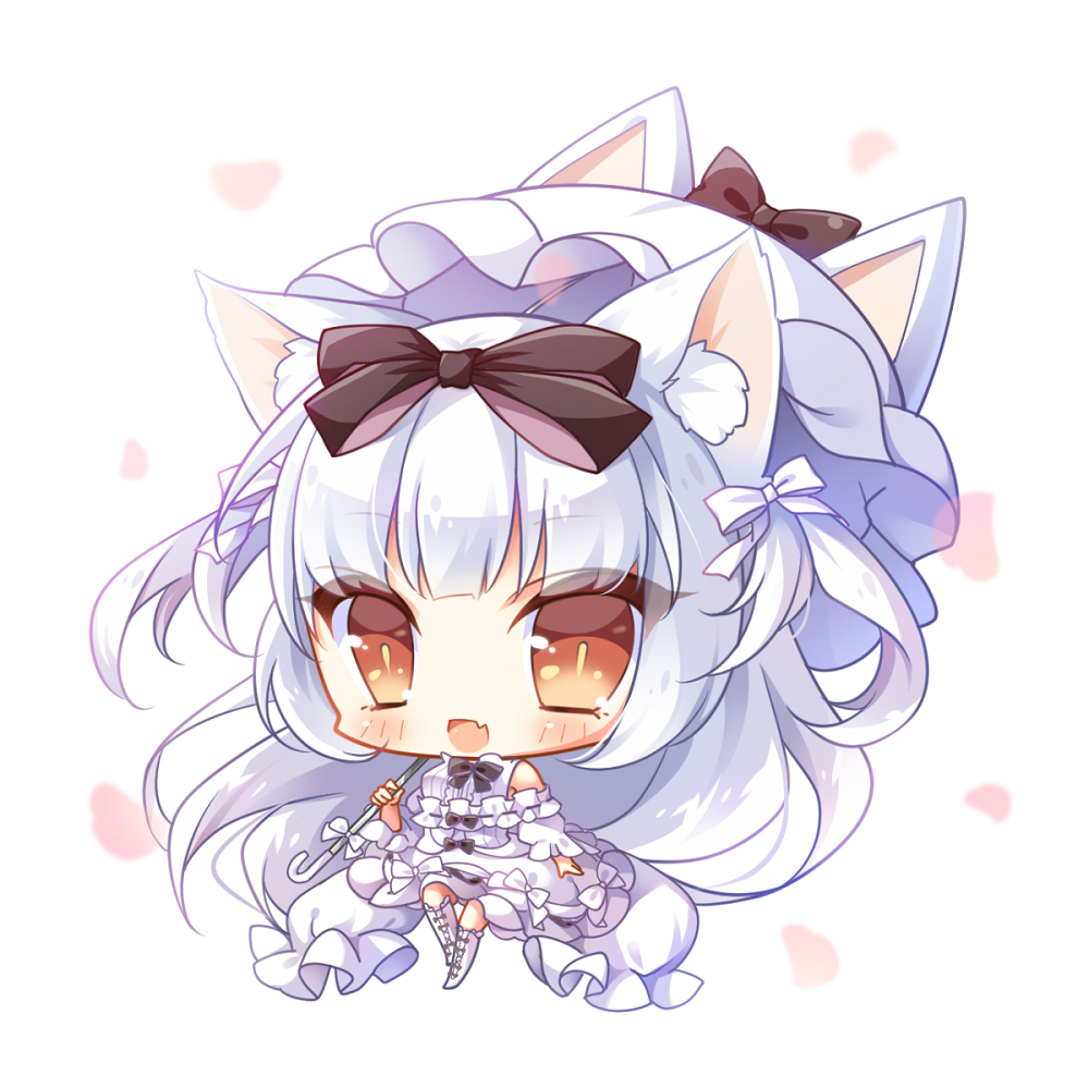 1girl :d animal_ears animal_themed_umbrella azur_lane bare_shoulders big_head black_bow blush boots bow brown_eyes center_frills chibi commentary_request dress fang frills full_body hair_bow holding holding_umbrella knee_boots long_hair long_sleeves looking_at_viewer off-shoulder_dress off_shoulder open_mouth petals ryuuka_sane shirt silver_hair simple_background sleeveless sleeveless_shirt smile solo standing standing_on_one_leg umbrella very_long_hair white_background white_dress white_footwear white_shirt white_umbrella yukikaze_(azur_lane)