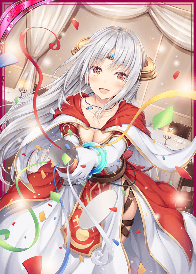 1girl akkijin breasts card_(medium) chair confetti curtains dress indoors looking_at_viewer medium_breasts official_art oracle_(shinkai_no_valkyrie) orange_eyes party_popper red_dress shinkai_no_valkyrie silver_hair smile solo table tiara