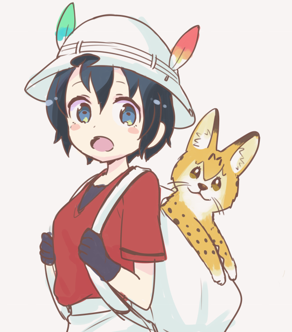 1girl animal_ears animalization backpack bag black_hair blue_eyes blush bucket_hat feathers hat in_container kaban_(kemono_friends) kemono_friends kuzumochiko serval serval_ears serval_print shirt short_hair short_sleeves t-shirt