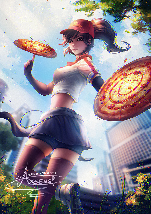1girl alexandra_mae bangs baseball_cap black_gloves breasts brown_hair employee_uniform fingerless_gloves food gloves hair_between_eyes hat holding league_of_legends long_hair looking_at_viewer midriff outdoors pizza pizza_delivery pizza_delivery_sivir ponytail signature sivir solo thigh-highs uniform wind