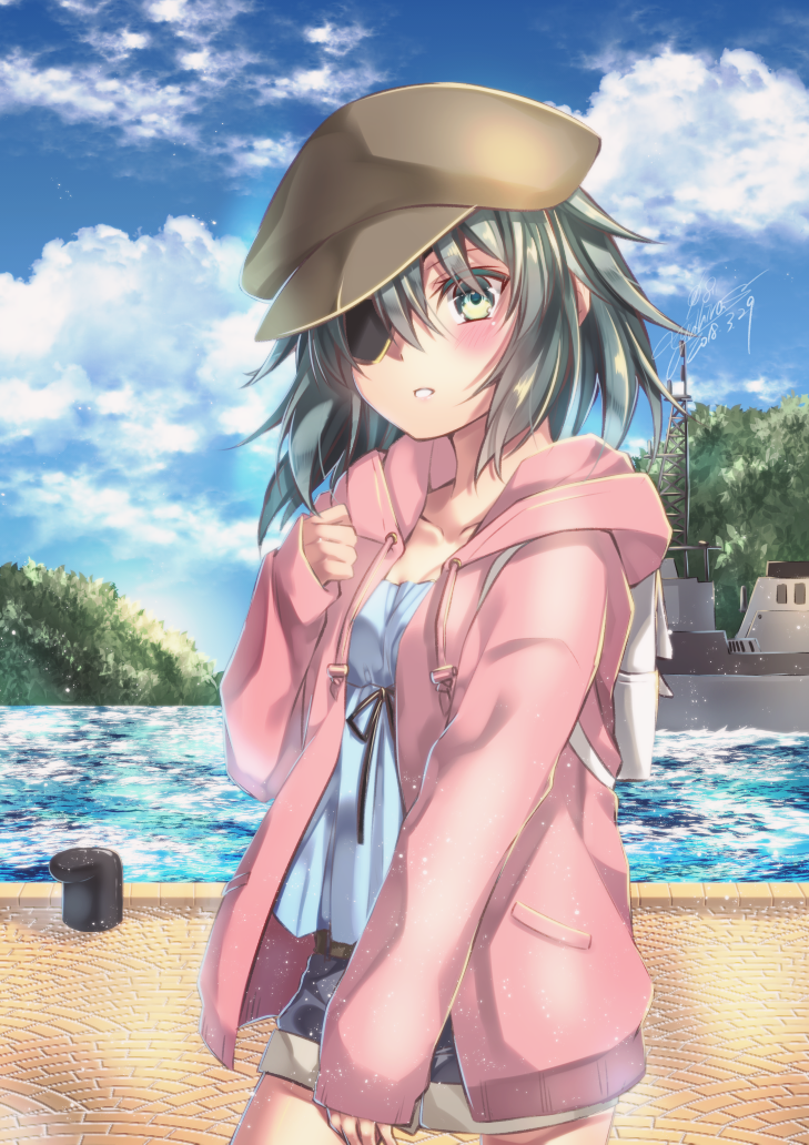 1girl alternate_costume blue_sky breasts clouds cloudy_sky collarbone commentary_request day eyebrows_visible_through_hair eyepatch green_hair hat hood hooded_jacket jacket kantai_collection kiso_(kantai_collection) long_sleeves looking_at_viewer outdoors short_hair sky small_breasts solo standing water yuihira_asu