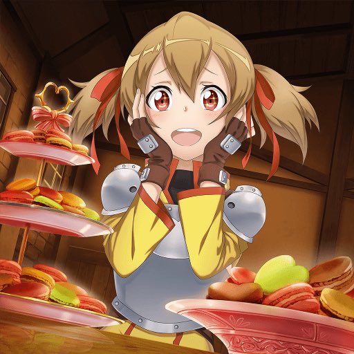 1girl :d breastplate brown_gloves brown_hair dutch_angle fingerless_gloves food gloves hair_between_eyes hair_ribbon hands_on_own_cheeks hands_on_own_face heart indoors long_hair open_mouth red_eyes red_ribbon ribbon shoulder_pads silica smile solo sword_art_online twintails upper_body