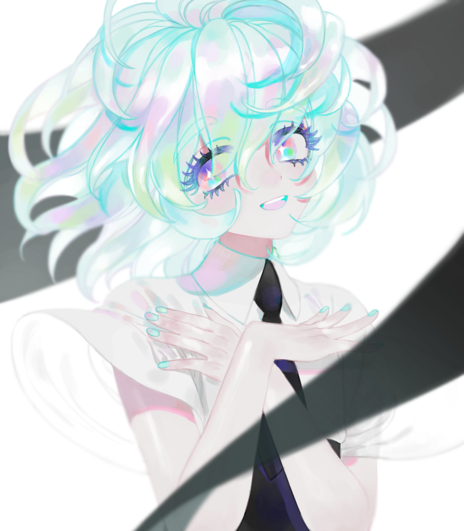 androgynous diamond_(houseki_no_kuni) gem_uniform_(houseki_no_kuni) houseki_no_kuni long_eyelashes looking_at_viewer multicolored multicolored_eyes multicolored_hair necktie rainbow_eyes rainbow_hair short_hair smile solo star star-shaped_pupils symbol-shaped_pupils thick_eyebrows upper_body white_hair