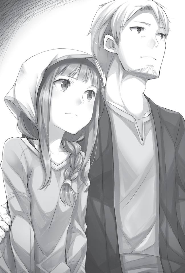 1boy 1girl ayakura_juu beard braid collarbone couple craft_lawrence facial_hair greyscale hair_over_shoulder hand_on_another's_waist holo monochrome novel_illustration official_art shirt sidelocks single_braid spice_and_wolf upper_body white_background