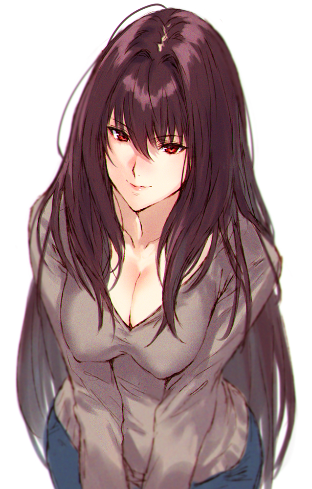 1girl bangs breasts brown_hair cleavage closed_mouth collarbone denim erect_nipples eyebrows_visible_through_hair fate/grand_order fate_(series) hair_between_eyes jeans large_breasts leaning_forward lips long_hair long_sleeves looking_at_viewer makimura_shunsuke pants red_eyes scathach_(fate/grand_order) simple_background smile solo very_long_hair white_background