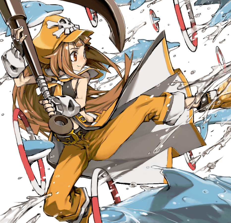 1girl anchor belt brown_eyes brown_hair dolphin fingerless_gloves gloves guilty_gear hat huge_weapon may_(guilty_gear) orange_hat pirate pirate_hat skull_and_crossbones sleeveless solo weapon ysk!