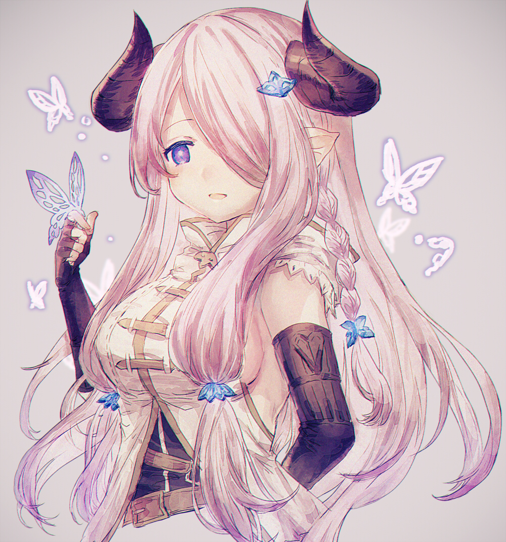 1girl bare_shoulders black_gloves blue_eyes blush braid breasts butterfly commentary_request draph elbow_gloves fingerless_gloves gloves granblue_fantasy hair_over_one_eye horns insect large_breasts lavender_hair long_hair looking_at_viewer low_tied_hair narmaya_(granblue_fantasy) pointy_ears purple_hair shionty single_braid upper_body
