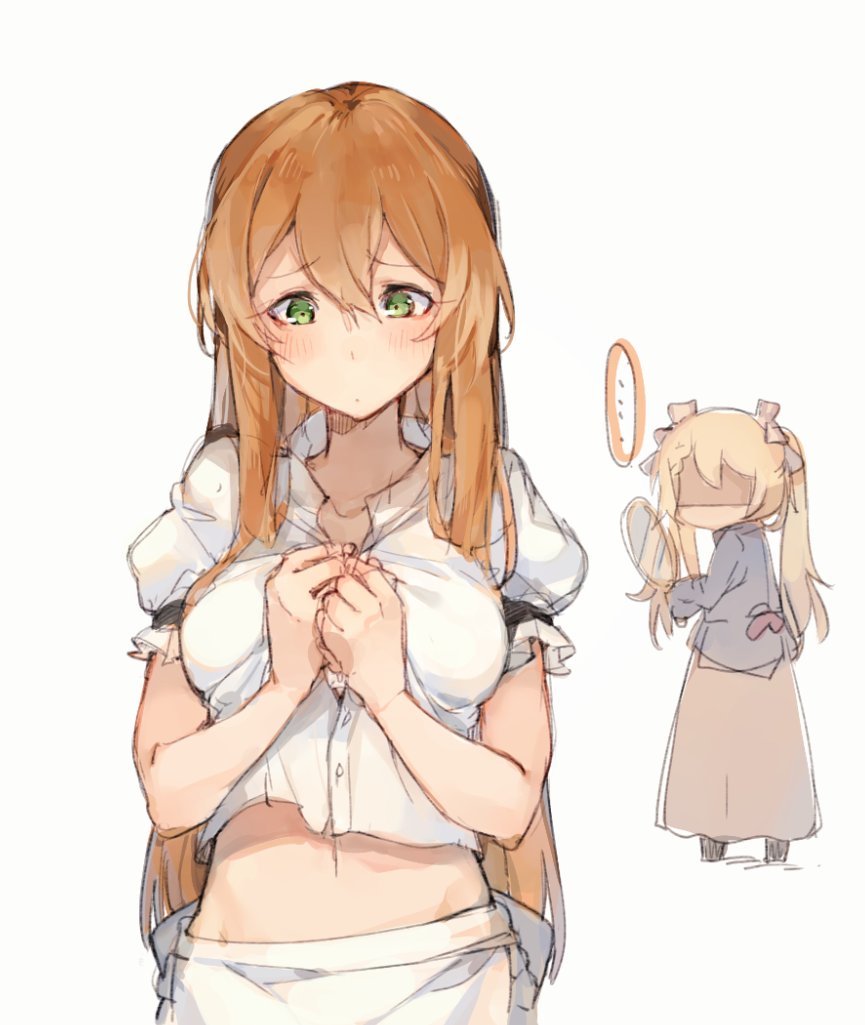 ... 2girls alternate_costume alternate_hairstyle apron bangs blonde_hair blush breasts brown_hair buttoning buttons cleavage closed_mouth collarbone enmaided eyebrows_visible_through_hair faceless g36_(girls_frontline) girls_frontline green_eyes hair_between_eyes hair_ribbon holding_mirror jacket large_breasts long_hair long_skirt long_sleeves looking_at_breasts looking_back m1903_springfield_(girls_frontline) maid mirror multiple_girls puffy_short_sleeves puffy_sleeves ribbon shirt short_sleeves shuzi sidelocks simple_background skirt twintails unbuttoned unbuttoned_shirt very_long_hair white_background worried