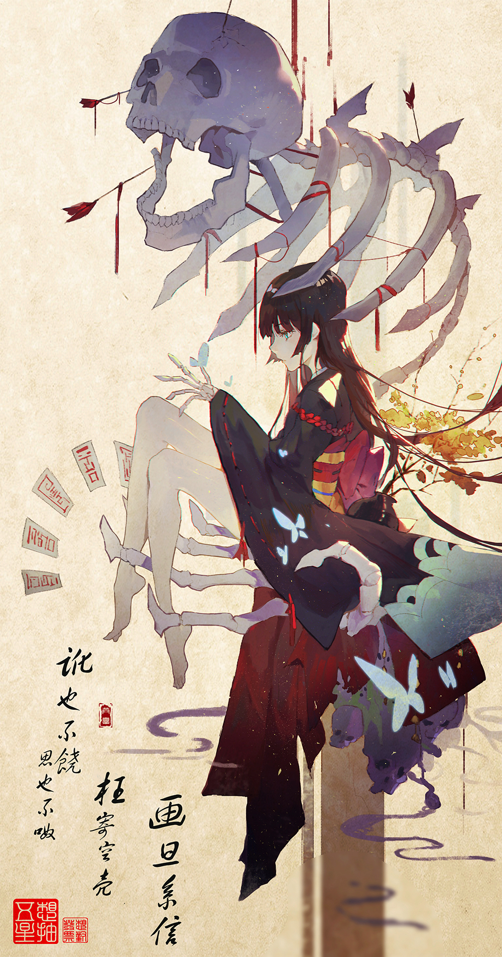 1girl arrow bare_legs barefoot black_hair blue_eyes commentary_request from_side highres japanese_clothes kimono kuroduki_(pieat) log long_hair obi original ribs sash sitting skull solo translation_request wide_sleeves yellow_background