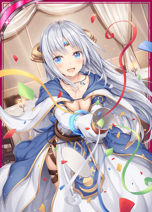 1girl akkijin blue_dress blue_eyes breasts card_(medium) chair confetti curtains dress indoors looking_at_viewer medium_breasts official_art oracle_(shinkai_no_valkyrie) party_popper shinkai_no_valkyrie silver_hair smile solo table tiara