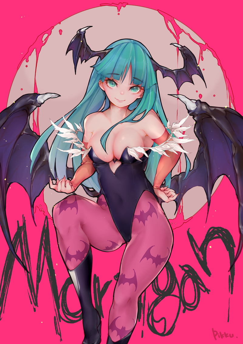 1girl animal_print aqua_eyes aqua_hair artist_name bangs bare_shoulders bat_print black_footwear black_lagoon blood blush boots breasts character_name cleavage closed_mouth covered_navel demon_girl detached_sleeves eyebrows_visible_through_hair feet_out_of_frame hand_on_hip head_wings heart_cutout highleg highleg_leotard knee_boots leg_up leotard lips long_hair long_sleeves looking_at_viewer medium_breasts morrigan_aensland pantyhose parted_bangs pikkumyy pink_legwear print_legwear purple_wings smile solo spikes standing standing_on_one_leg straight_hair strap_slip succubus thick_eyebrows very_long_hair wings