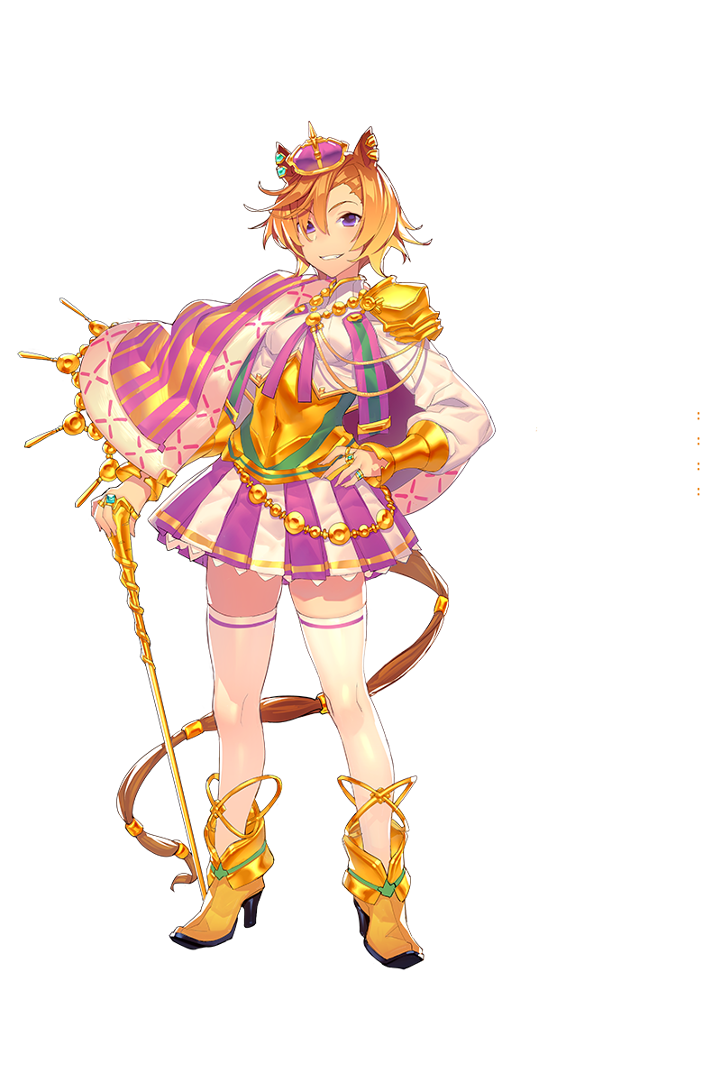 1girl animal_ears boots full_body gold_footwear grin hair_over_one_eye hands_on_hips high_heel_boots high_heels highres horse_ears horse_tail official_art short_hair smile solo staff t_m_opera_o tail thigh-highs transparent_background umamusume violet_eyes yellow_footwear zettai_ryouiki