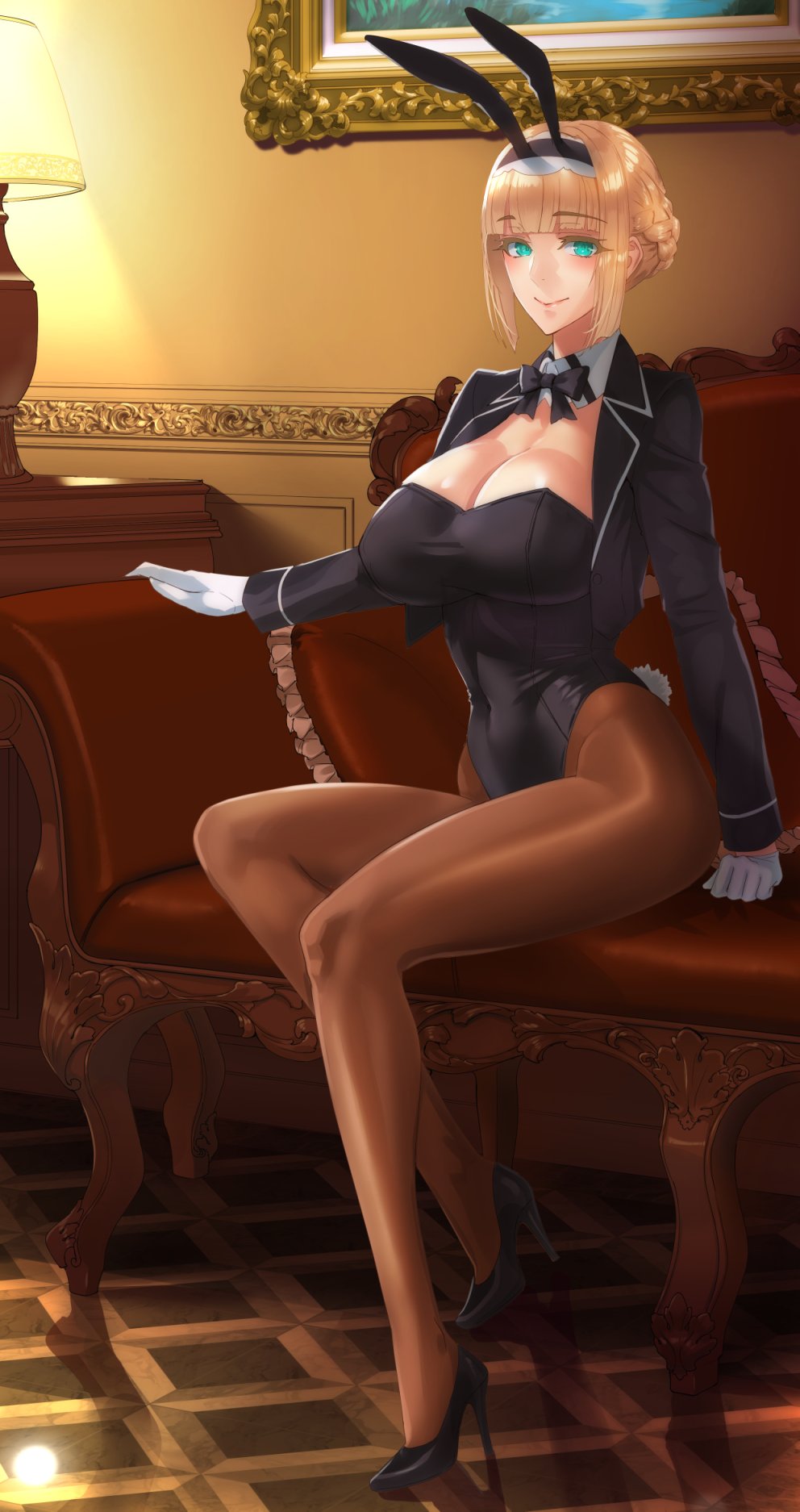 1girl animal_ears aqua_eyes bangs black_jacket black_leotard blonde_hair blunt_bangs blush bow bowtie braid breasts bunny_girl bunny_tail bunnysuit cleavage couch covered_navel daglasses detached_collar eyebrows_visible_through_hair eyelashes french_braid gloves high_heels highres hips indoors jacket lamp large_breasts legs leotard looking_at_viewer open_clothes open_jacket original pantyhose pillow rabbit_ears sitting smile solo tail thighs waist white_gloves