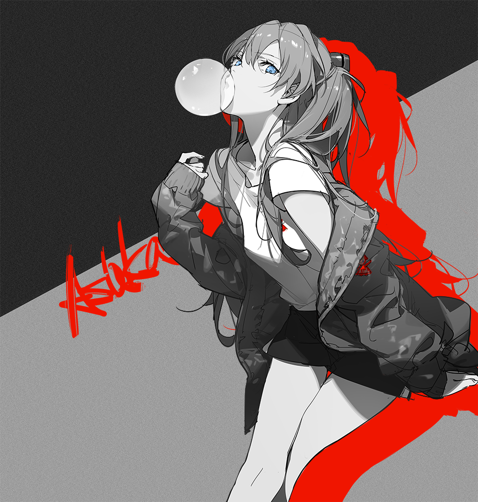 1girl alternate_costume ask_(askzy) bangs blue_eyes breasts bubble_blowing casual character_name chewing_gum clothes_writing coat collarbone eyebrows_visible_through_hair hair_between_eyes hair_ornament leaning_forward limited_palette long_hair looking_at_viewer neon_genesis_evangelion nerv off_shoulder open_mouth partially_colored shirt short_shorts short_sleeves shorts sidelocks small_breasts solo souryuu_asuka_langley thighs two_side_up