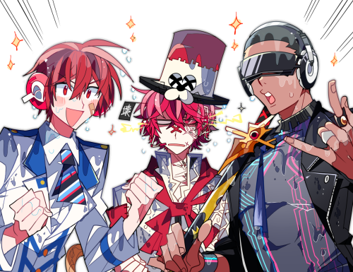 3boys \m/ arsloid bandaid_on_cheek black_jacket clenched_hands cyber_songman dark_skin dark_skinned_male fukase hat head_flag headphones jacket lowres male_focus multiple_boys neon_trim no_pupils red_eyes red_sclera redhead scar shaved_head smile sunglasses sword top_hat vocaloid vy2 vy2_(vocaloid3) weapon wet