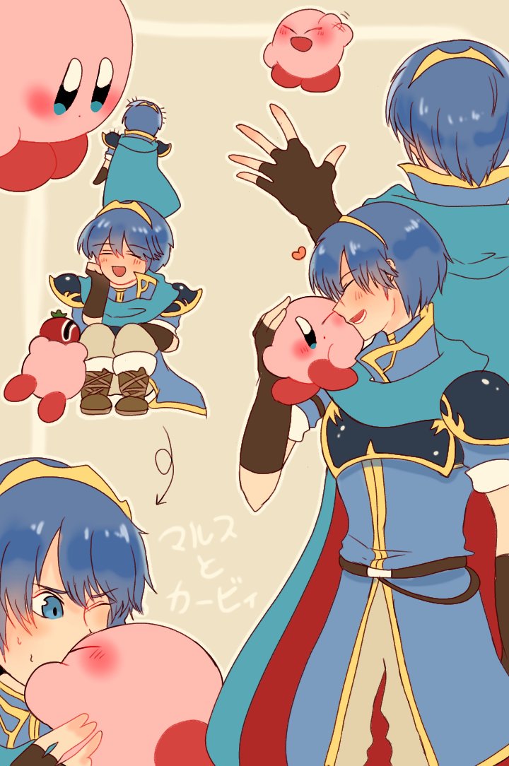 1boy armor artist_request blue_hair blush fire_emblem fire_emblem:_mystery_of_the_emblem food gloves heart hoshi_no_kirby intelligent_systems kirby kirby_(series) male_focus marth maxim_tomato nintendo short_hair smile super_smash_bros. tiara tomato