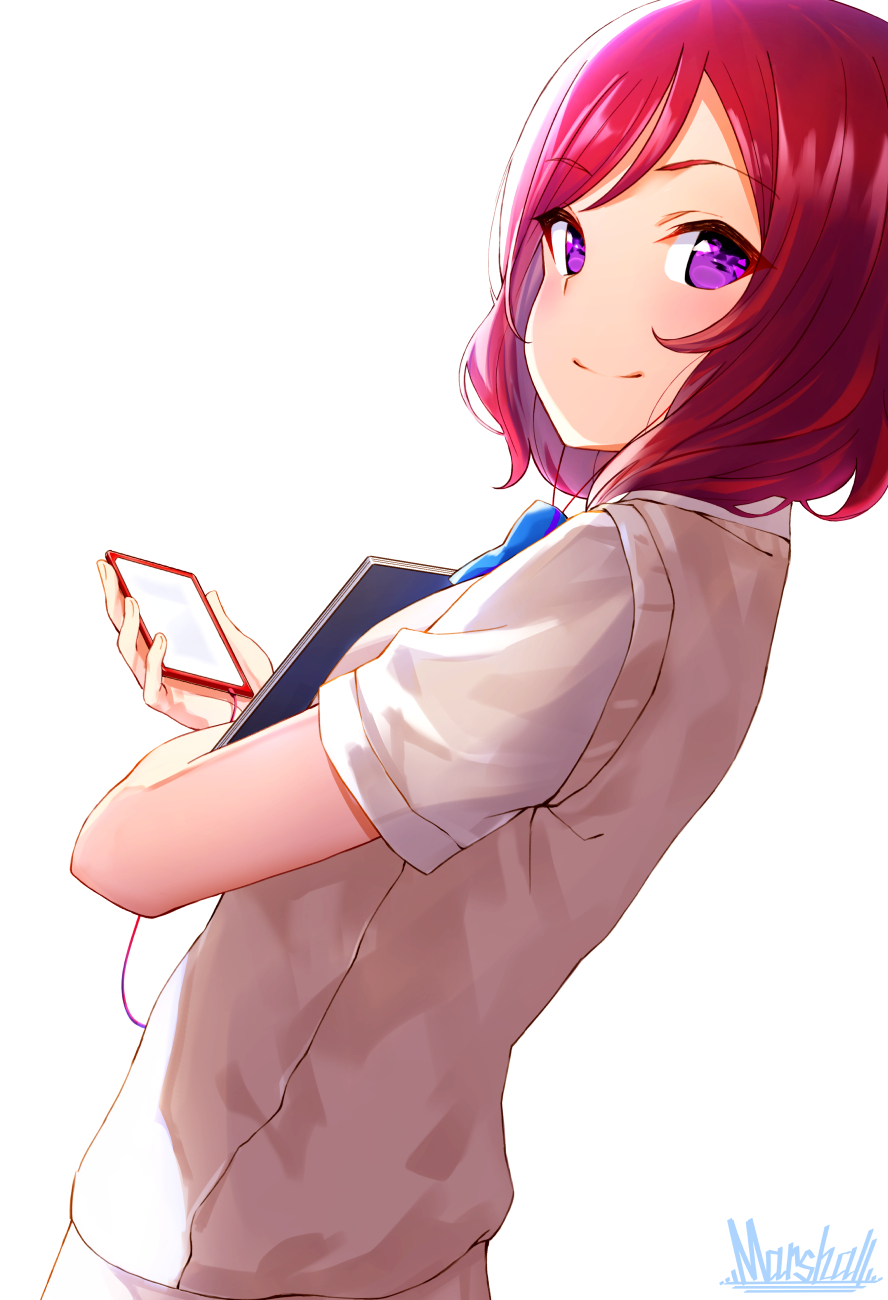 1girl artist_name blue_neckwear bow bowtie cellphone commentary_request eyebrows_visible_through_hair highres holding holding_phone looking_at_viewer looking_back love_live! love_live!_school_idol_project marshall_(wahooo) nishikino_maki phone redhead school_uniform short_sleeves simple_background smartphone smile solo sweater_vest upper_body violet_eyes white_background