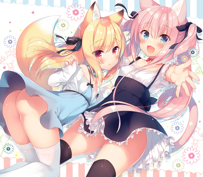 1girl :d animal_ears ass black_legwear blonde_hair blue_eyes blush cat_ears cat_tail commentary_request dress eyebrows_visible_through_hair fox_ears fox_tail frills long_hair looking_at_viewer no_panties open_mouth original outstretched_arm pink_hair red_eyes sazaki_ichiri smile solo tail thigh-highs two_side_up white_legwear