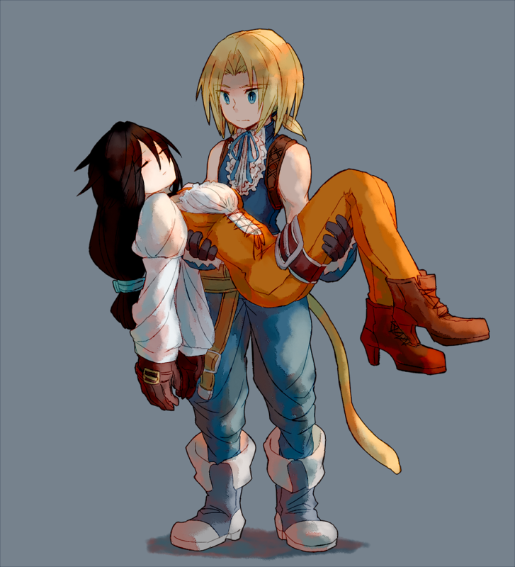 1boy 1girl bare_shoulders blonde_hair bodysuit breasts brown_hair carrying closed_eyes couple dress final_fantasy final_fantasy_ix garnet_til_alexandros_xvii gloves hetero long_hair medium_breasts orange_bodysuit princess_carry sunagimo_(nagimo) zidane_tribal