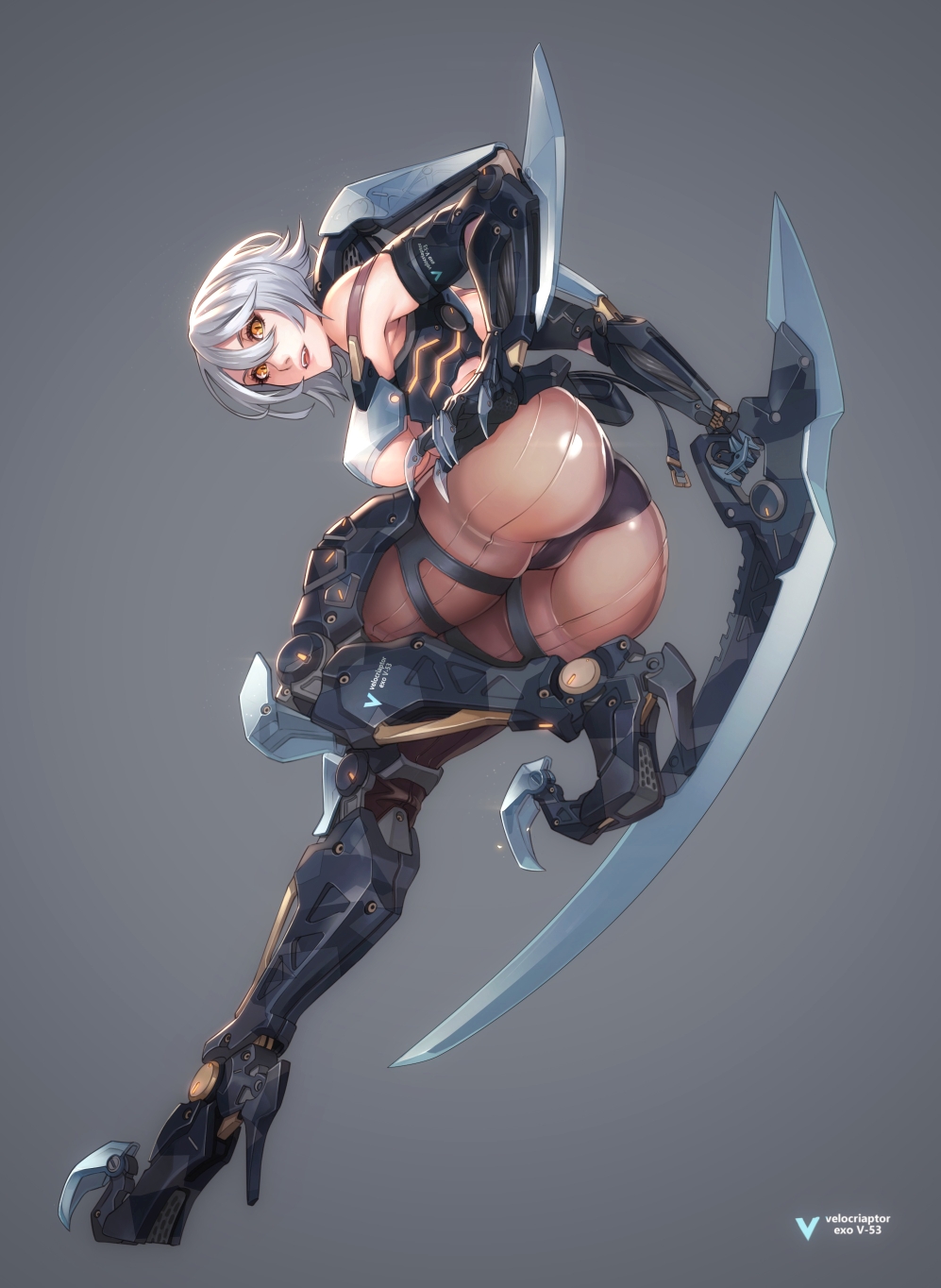 1girl ass black_panties blade breasts brown_eyes character_name claws cyborg grey_background hand_on_hip high_heels highres holding holding_weapon looking_at_viewer mecha_musume mechanical_arms mechanical_legs open_mouth panties pantyhose pantyshoe plugsuit running short_hair simple_background standing standing_on_one_leg under_boob underwear weapon wei_(kaminari0411) white_hair