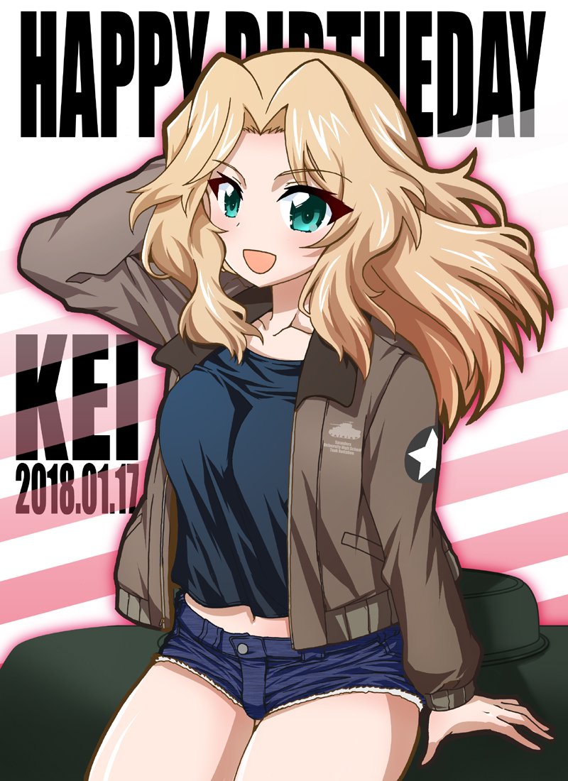 1girl alternate_eye_color arm_behind_head arm_support black_shirt blonde_hair blue_shorts brown_jacket character_name commentary cutoffs dated denim denim_shorts diagonal-striped_background diagonal_stripes english engrish eyebrows_visible_through_hair fujimaru_arikui girls_und_panzer green_eyes hair_intakes happy_birthday jacket kay_(girls_und_panzer) long_hair long_sleeves looking_at_viewer military military_uniform open_clothes open_jacket open_mouth pink_background ranguage saunders_military_uniform shirt short_shorts shorts smile solo standing star striped striped_background thigh-highs typo uniform upper_body white_legwear