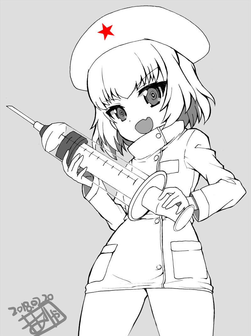 1girl :d alternate_costume artist_name bangs commentary_request cowboy_shot dated dress eyebrows_visible_through_hair fang fujimaru_arikui girls_und_panzer greyscale hat holding holding_needle katyusha long_sleeves looking_at_viewer microdress monochrome nurse nurse_cap open_mouth oversized_object short_hair signature sitting smile solo spot_color star v-shaped_eyebrows