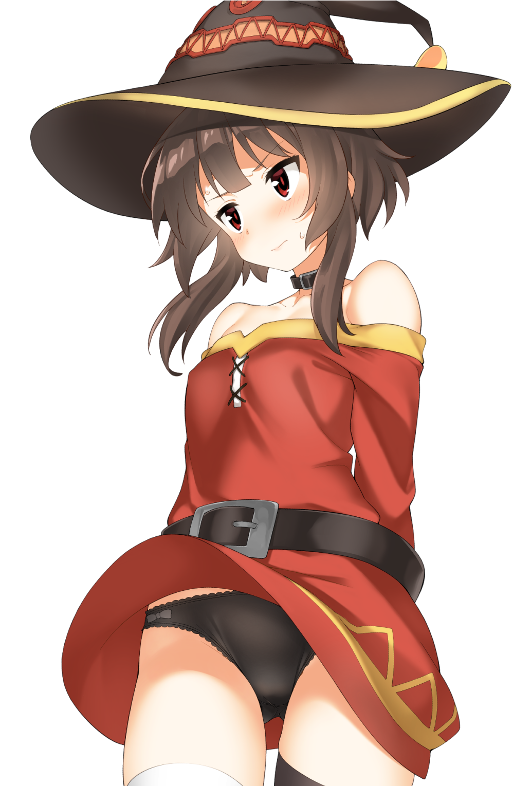 1girl bangs bare_shoulders belt belt_buckle black_belt black_panties brown_hair buckle button_eyes collar collarbone dress hat hatakenaka_(kamagabuchi) highres hips kono_subarashii_sekai_ni_shukufuku_wo! looking_to_the_side megumin mismatched_legwear off-shoulder_dress off_shoulder panties red_dress red_eyes short_hair_with_long_locks sidelocks simple_background single_thighhigh skirt skirt_lift solo sweatdrop thigh-highs thighs underwear upskirt white_background wind wind_lift witch_hat