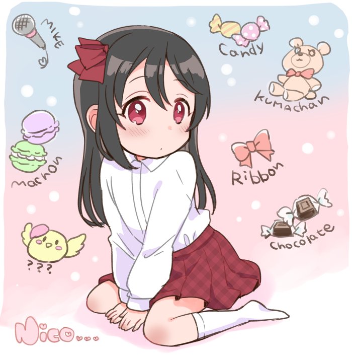 1girl bangs between_legs bird black_hair blush bow candy character_name chick child chocolate commentary_request english expressionless food hair_bow hair_down hand_between_legs izumi_kirifu long_hair long_sleeves love_live! love_live!_school_idol_project macaron maroon_skirt microphone no_shoes pink_bow plaid plaid_skirt red_bow red_eyes red_skirt shirt shirt_tucked_in sitting skirt socks solo stuffed_animal stuffed_toy teddy_bear unmoving_pattern wariza white_legwear white_shirt yazawa_nico younger