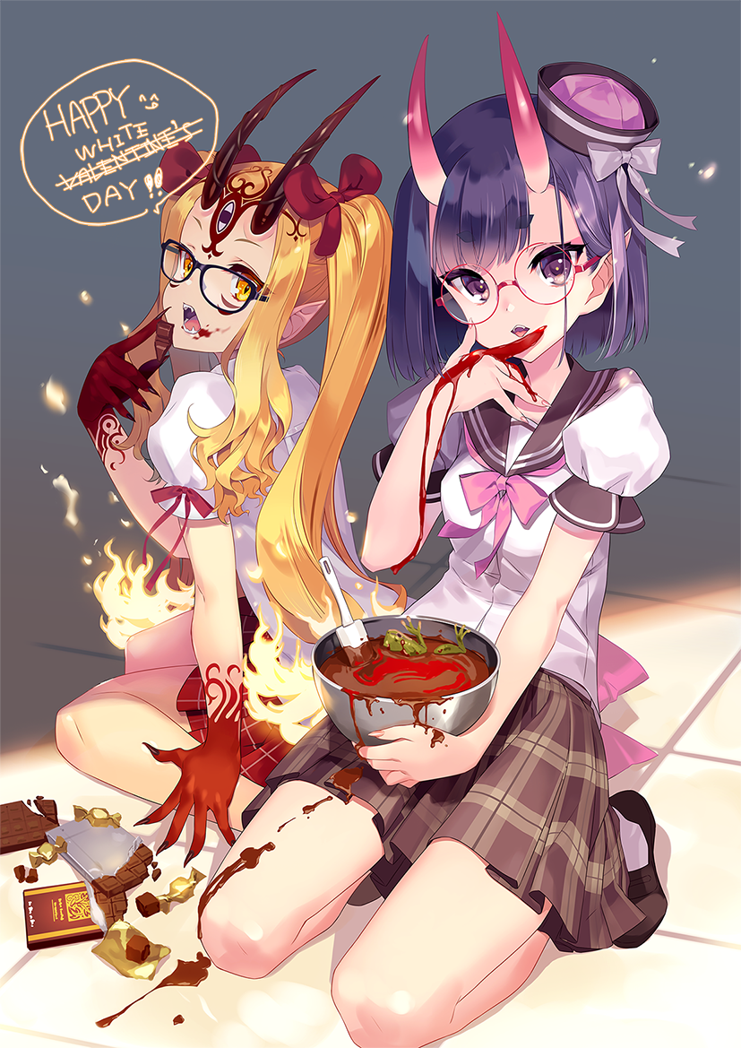 2girls animal bangs black-framed_eyewear black_footwear blonde_hair blood bloody_hands bow brown_sailor_collar brown_skirt chocolate chocolate_bar commentary_request eyebrows_visible_through_hair facial_mark fangs_out fate/grand_order fate_(series) forehead_mark frog glasses hair_bow hat head_tilt horns ibaraki_douji_(fate/grand_order) loafers long_hair looking_at_viewer mini_hat mixing_bowl multiple_girls oni oni_horns open_mouth oswald_musashi pink_bow pink_hat plaid plaid_skirt pleated_skirt puffy_short_sleeves puffy_sleeves purple_hair red-framed_eyewear red_bow red_skirt round_eyewear sailor_collar school_uniform serafuku shirt shoes short_hair short_sleeves shuten_douji_(fate/grand_order) skirt socks spatula thick_eyebrows twintails very_long_hair violet_eyes white_day white_legwear white_shirt yellow_eyes
