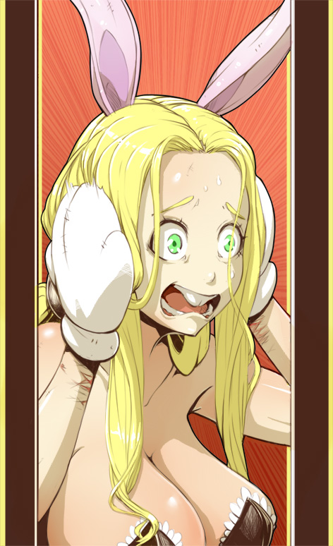 1girl animal_ears blonde_hair breasts buck_teeth commentary emphasis_lines english_commentary gloves hands_up large_breasts leotard long_hair materclaws open_mouth original rabbit_ears scar scared solo sweatdrop upper_body white_gloves wide-eyed