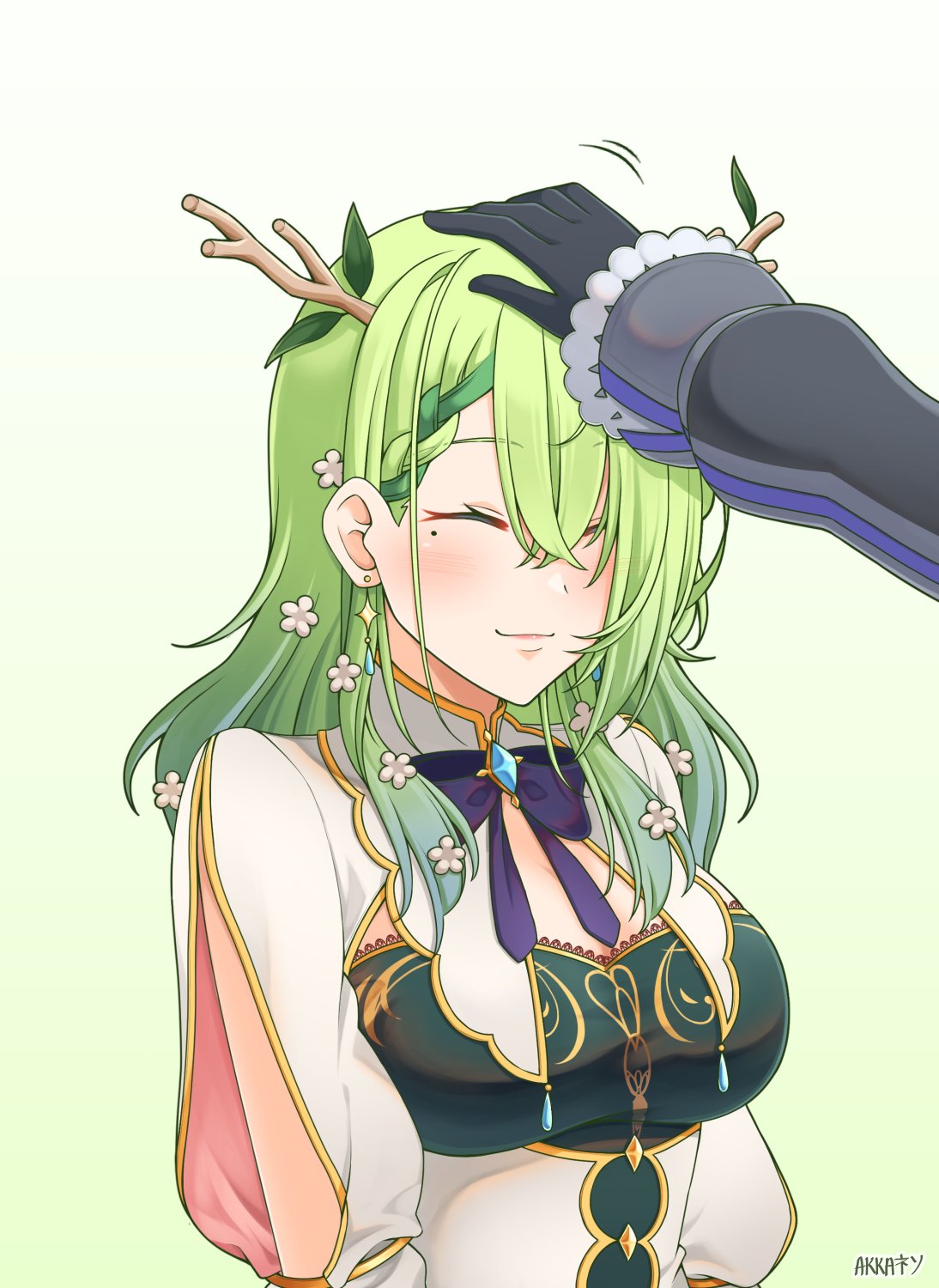 akkanen antlers bangs blush braid braided_bangs branch brooch ceres_fauna flower green_hair hair_flower hair_ornament highres hololive hololive_english jewelry long_hair mole mole_under_eye multicolored_hair multiple_girls ouro_kronii petting virtual_youtuber