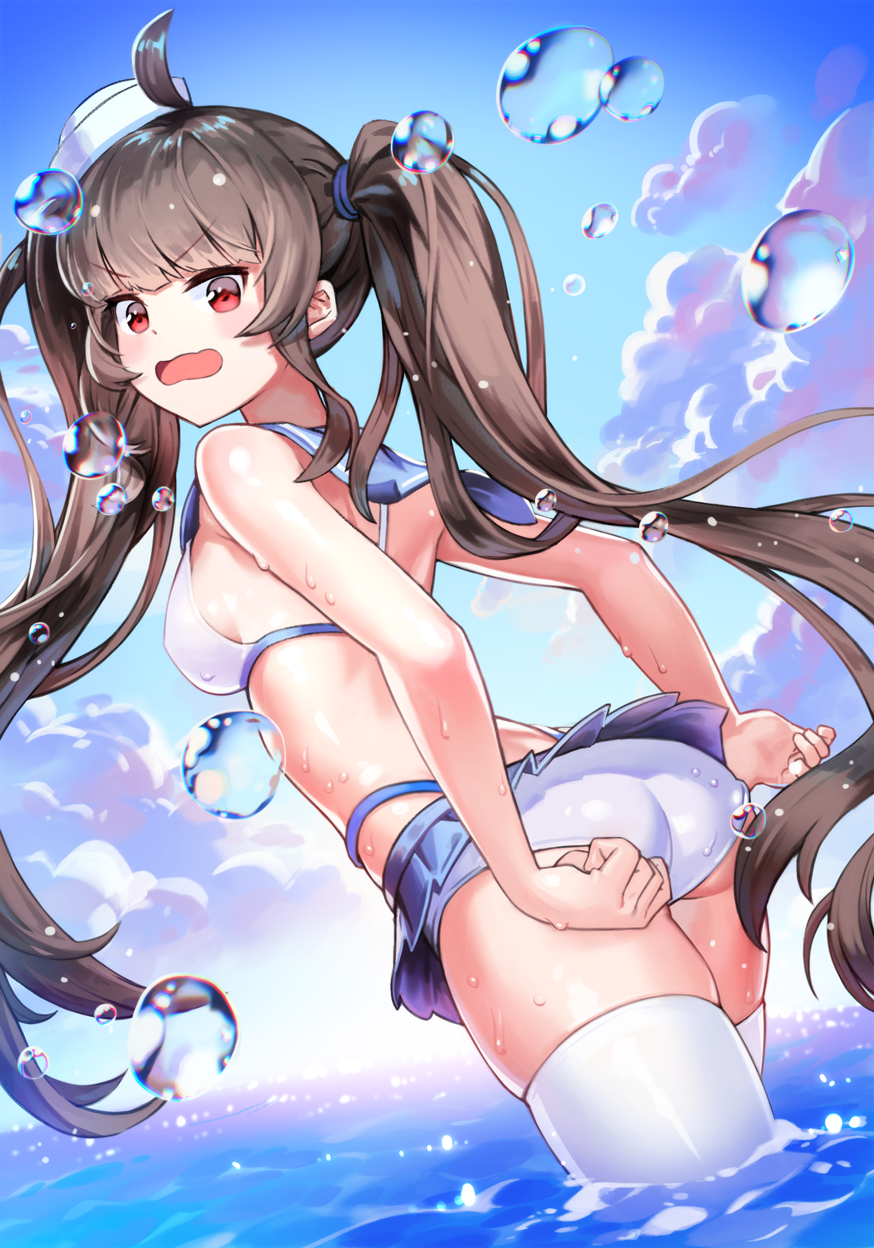 1girl adjusting_clothes adjusting_swimsuit ahoge ass bangs bare_arms bare_shoulders bikini blue_sailor_collar blue_sky blush breasts brown_hair character_request clouds day dutch_angle eyebrows_visible_through_hair hat highres horizon lim_jaejin long_hair looking_at_viewer looking_back medium_breasts ocean open_mouth outdoors red_eyes sailor_bikini sailor_collar sailor_hat sidelocks skindentation sky solo soul_worker swimsuit thigh-highs twintails v-shaped_eyebrows very_long_hair wading water wet white_bikini white_hat white_legwear