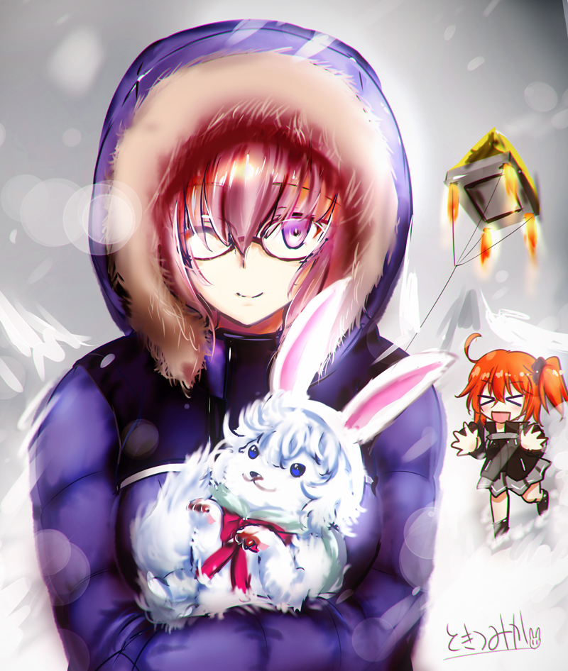 &gt;_&lt; 2girls :d bangs black_jacket black_scrunchie brown_hair closed_eyes closed_mouth clouds cloudy_sky commentary_request creature eyebrows_visible_through_hair fou_(fate/grand_order) fujimaru_ritsuka_(female) fur-trimmed_hood glasses grey_skirt hair_between_eyes hair_ornament hair_scrunchie hood hood_up hooded_jacket jacket kimura_shuuichi long_sleeves mash_kyrielight multiple_girls one_side_up open_mouth outdoors overcast pink_hair pleated_skirt purple_jacket rocket_tent scrunchie signature skirt sky smile snow snowing violet_eyes xd yurucamp