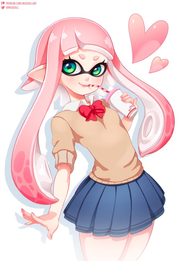 1girl blue_skirt blush cardigan cowboy_shot cup domino_mask drinking_straw green_eyes heart inkling looking_at_viewer mask neocoill pink_hair pleated_skirt red_neckwear school_uniform short_sleeves sidelocks simple_background skirt smile solo splatoon tentacle_hair watermark white_background