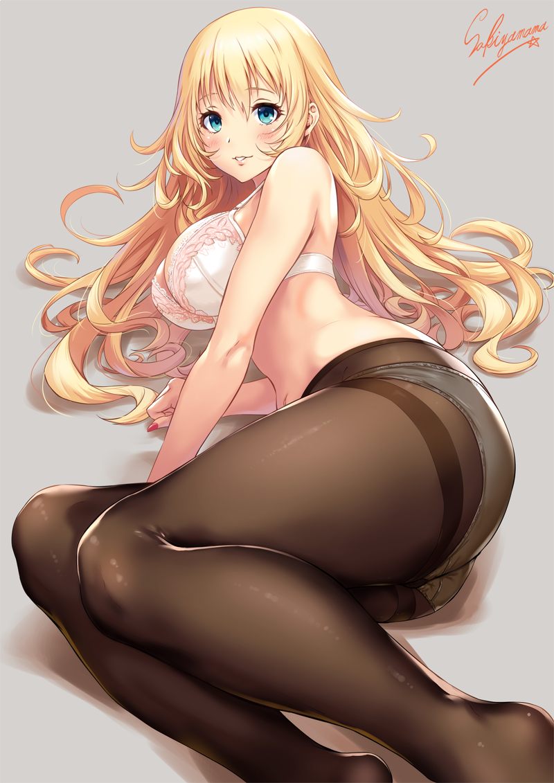 1girl arm_support artist_name ass atago_(kantai_collection) black_legwear blonde_hair blue_eyes blue_skirt bra breasts grey_background gusset kantai_collection large_breasts long_hair long_sleeves looking_at_viewer lying no_shirt no_shoes on_side panties pantyhose parted_lips sakiyamama shirt simple_background skirt smile solo thighband_pantyhose underwear white_bra white_panties