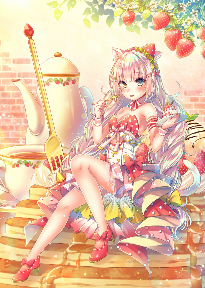 1girl animal_ears arm_ribbon bare_shoulders blue_eyes bow breasts brick_wall cake cat_ears cat_girl cat_tail cleavage commentary cream cup dress fingernails food fork fruit heterochromia holding holding_fork holding_plate ice_cream in_food long_hair looking_at_viewer medium_breasts minigirl mouth_hold nail_polish nemuri_nemu original pancake pink_footwear plate polka_dot red_bow red_nails ribbon shoes silver_hair sitting slice_of_cake solo stack_of_pancakes strapless strapless_dress strawberry striped striped_ribbon tail tea teacup teapot very_long_hair white_dress wrist_cuffs yellow_eyes