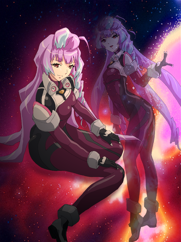 1girl breasts commentary commentary_request hal-py macross macross_delta medium_breasts mikumo_guynemer multicolored_hair pilot_suit pose purple_hair red_eyes skin_tight two-tone_hair