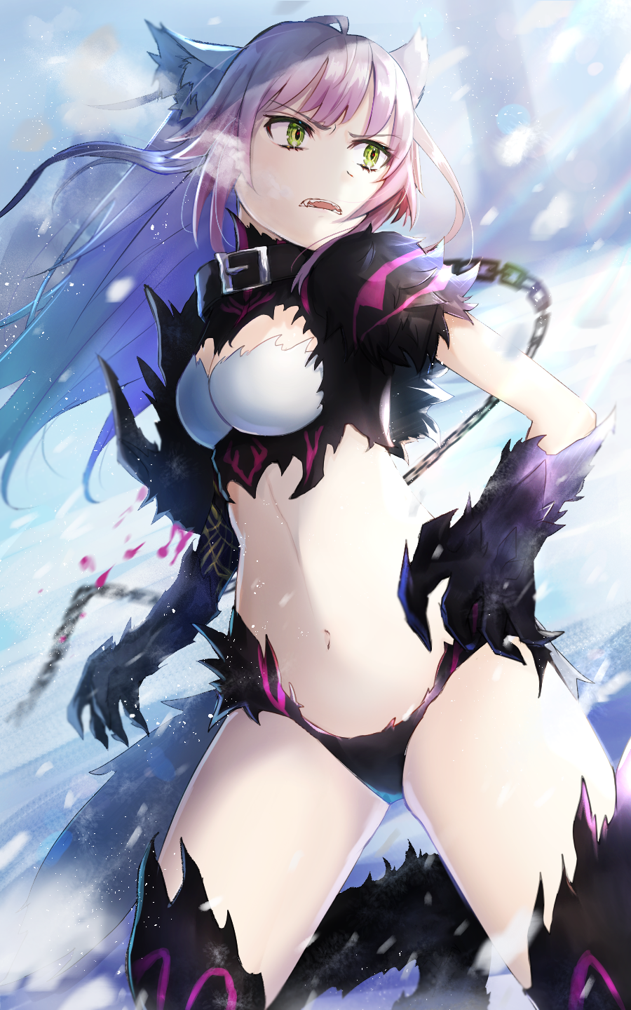 agrius_metamorphosis ahoge animal_ears atalanta_(alter)_(fate) atalanta_(fate) bangs black_legwear blush breasts cat_ears cat_tail chains claws cleavage collar commentary_request crop_top fangs fate/grand_order fate_(series) floating_hair fur green_eyes highres kneeling long_hair looking_at_viewer medium_breasts multicolored_hair navel omelet_tomato open_mouth serious silver_hair snowing solo tail thighs