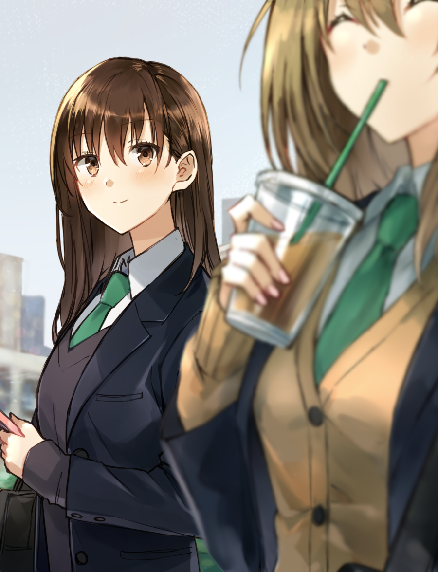 2girls ^_^ bangs black_blazer blurry blurry_background blurry_foreground blush brown_eyes brown_hair brown_sweater cardigan cellphone closed_eyes closed_mouth collared_shirt commentary_request cup day depth_of_field disposable_cup drinking drinking_straw eyebrows_visible_through_hair fingernails green_neckwear grey_sky hair_between_eyes holding holding_cellphone holding_cup holding_phone long_hair long_sleeves multiple_girls nail_polish necktie original outdoors phone pink_nails shirt sky smile somechime_(sometime1209) white_shirt yuri