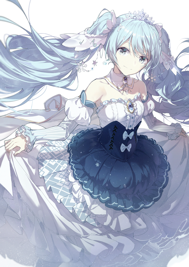 1girl bangs bare_shoulders blue_dress blue_hair closed_mouth collarbone commentary dress eyebrows_visible_through_hair grey_eyes hair_between_eyes hatsune_miku juliet_sleeves lf long_hair long_sleeves puffy_sleeves skirt_hold smile snowflakes solo strapless strapless_dress tiara twintails very_long_hair vocaloid white_background yuki_miku