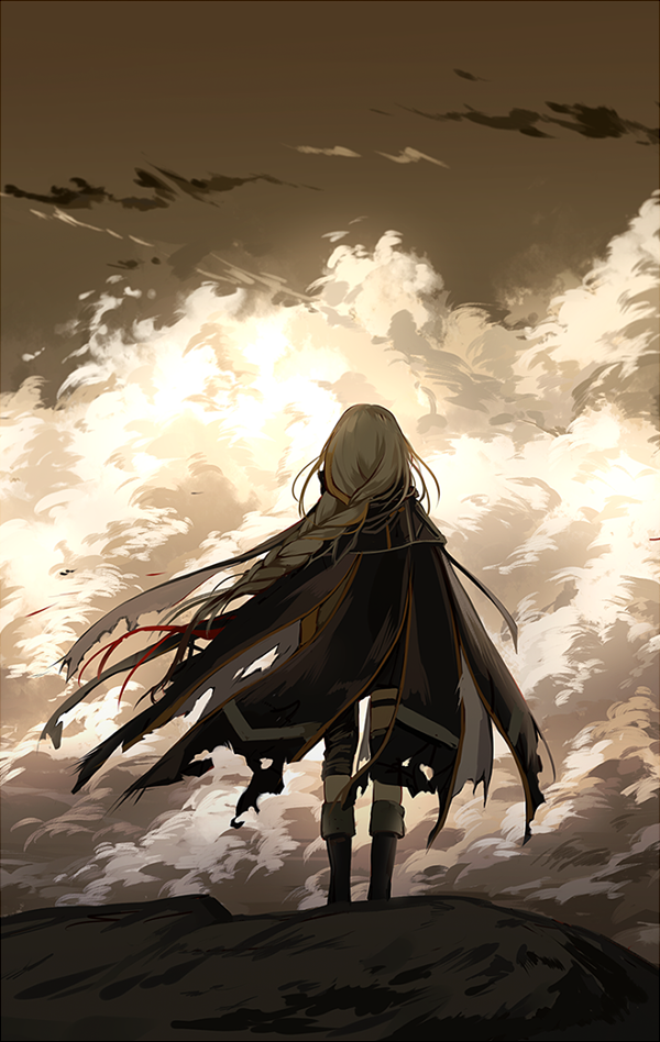 blonde_hair boots braid cape clouds evening floating_hair from_behind girls_frontline jacket knee_boots long_hair m16a1_(girls_frontline) multicolored_hair pants sangvis_ferri scenery silence_girl solo standing streaked_hair torn_cape very_long_hair white_hair wind wind_lift