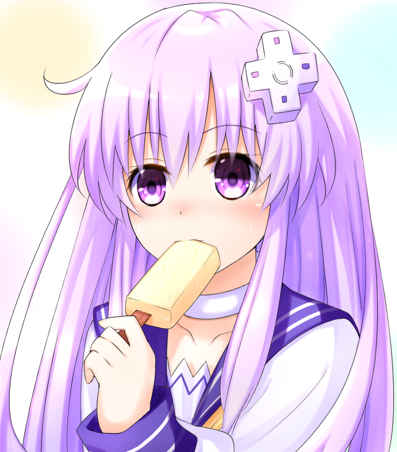 1girl blush collarbone d-pad d-pad_hair_ornament doria_(5073726) dress eating food hair_ornament holding holding_food long_hair looking_at_viewer nepgear neptune_(series) popsicle purple_hair sailor_dress solo upper_body violet_eyes